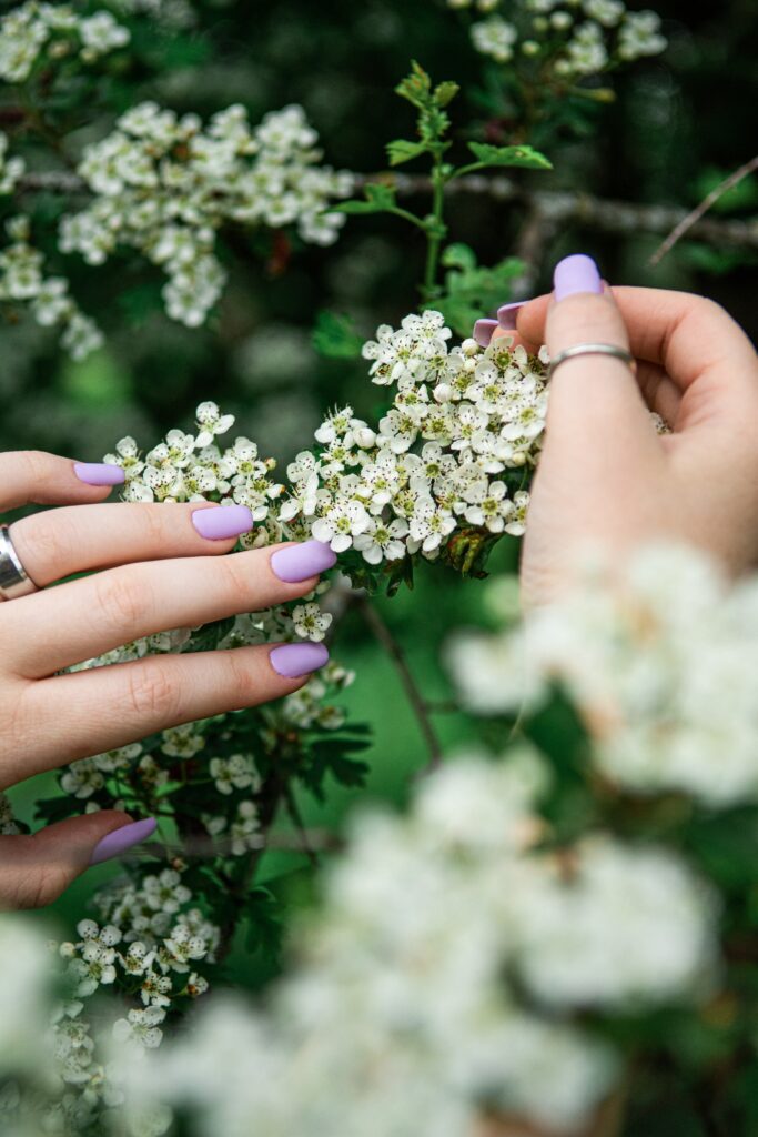 Kolorowe paznokcie z dodatkiem fioletu. 