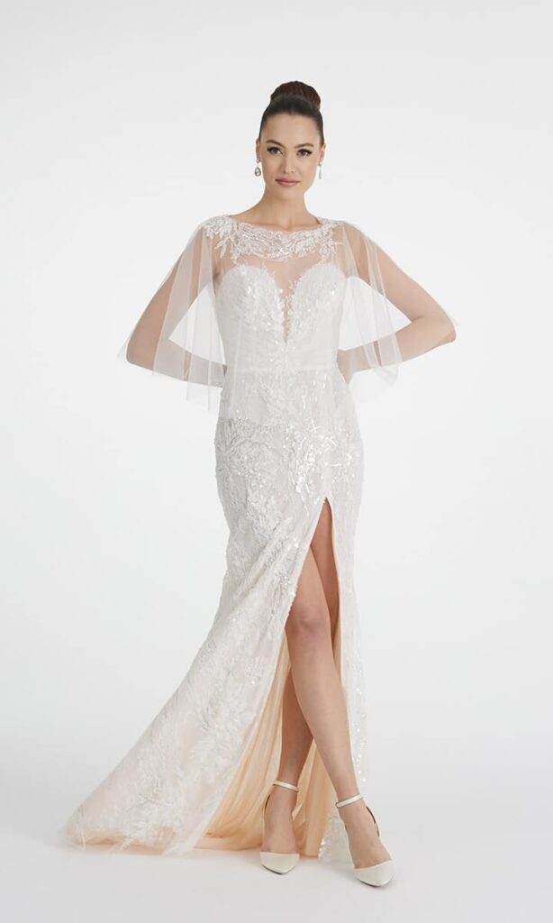suknie ślubne 2023: przeźroczyste bolerko