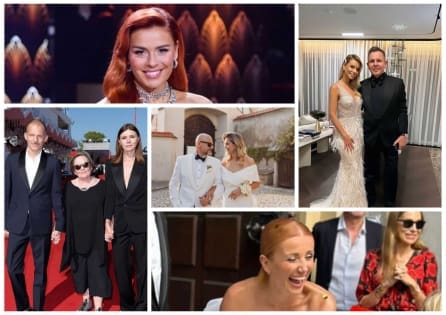 Alt: Kolaż zdjęć: kobieta z rudymi włosami w biżuterii, para młoda w białych strojach, elegancka kobieta i mężczyzna na czerwonym dywanie, uśmiechnięta kobieta z rudymi włosami, modelka w sukni wieczorowej z mężczyzną.