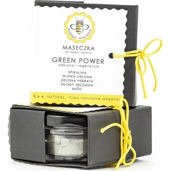 Maseczka Green Power z naturalnymi składnikami: spirulina, glinka zielona, zielona herbata, młody jęczmień, miód; opakowanie kartonowe z żółtym sznurkiem.