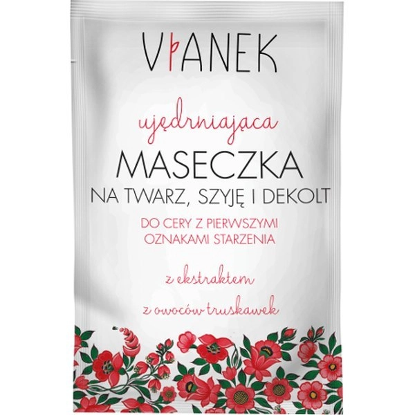 Produkt kosmetyczny Vianek, ujędrniająca maseczka na twarz, szyję i dekolt z ekstraktem z owoców truskawek, do cery z pierwszymi oznakami starzenia.