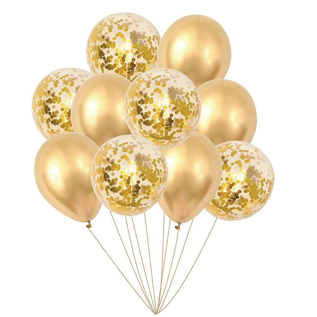 Złote balony z konfetti na białym tle, idealne na dekorację imprezy, wesele, urodziny.