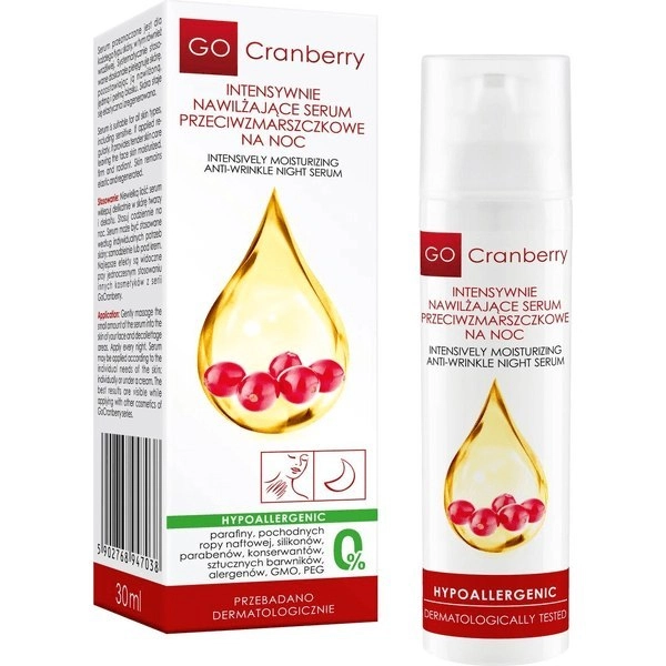Intensywnie nawilżające serum przeciwzmarszczkowe na noc GoCranberry, opakowanie 30 ml, hipoalergiczne, testowane dermatologicznie.
