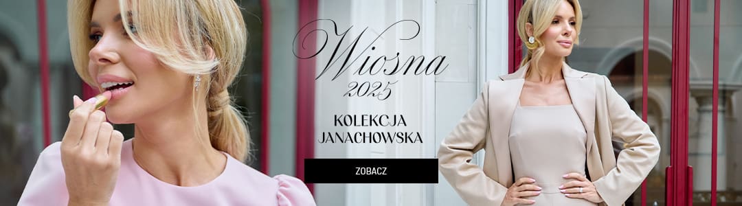 Wiosna 2025 Kolekcja Janachowska – trendy wiosennej mody, elegancka blondynka nakładająca szminkę i pozująca w stylowym zestawie